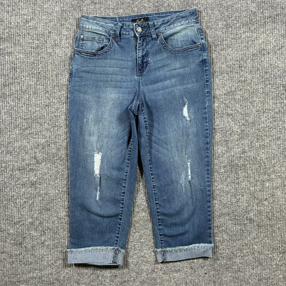 Earl Jean Womens Capri Jeans Size 8‎ Blue Distressed  Denim Cuffed Mid Rise
